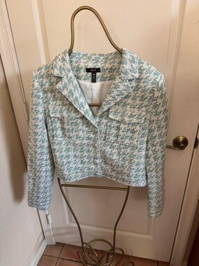 Aqua Tweed Cropped Houndstooth Jacket in Aqua and White